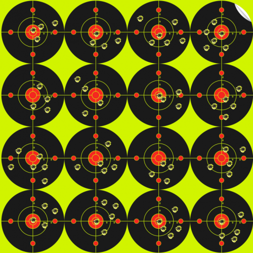 STP2IN16 8"x8" Reactive Shooting Target Splatter Burst Fluorescent Yellow with 16 2" Bullseye Targets
